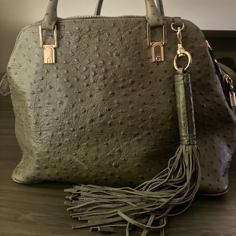 G.I.L.I. Olive Green Ostrich-Embossed Satchel with Tassel